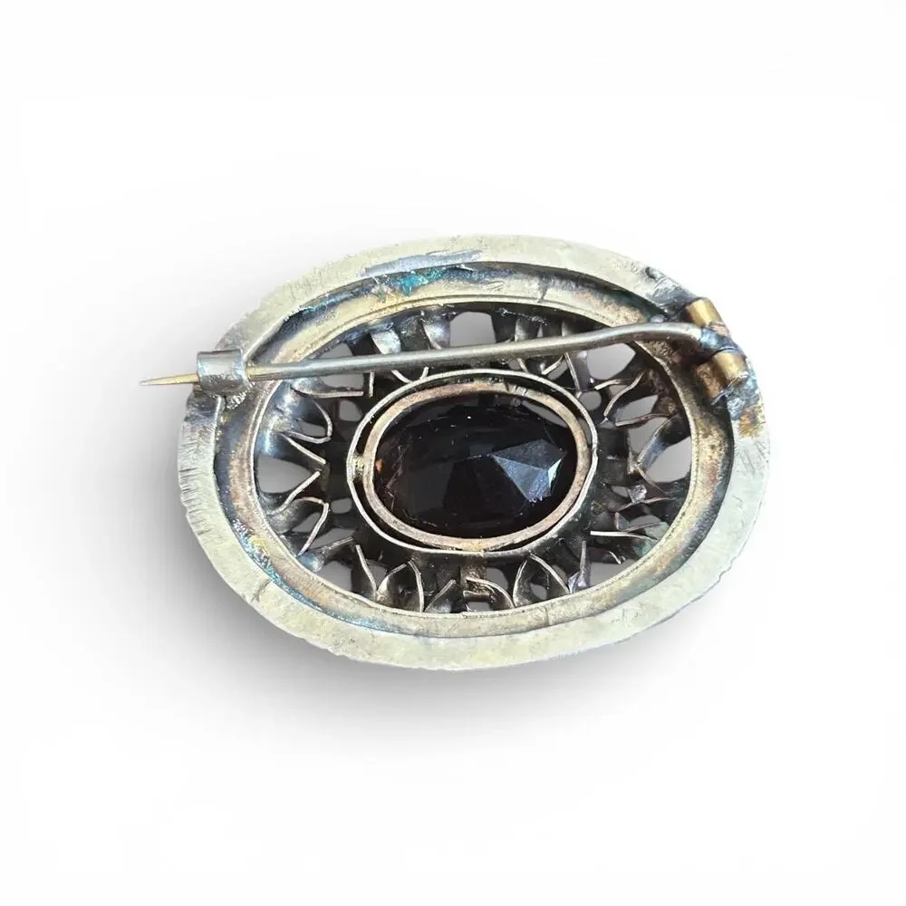 Victorian Smoky Glass Brooch – Gold Tone Openwork, Paste Accents